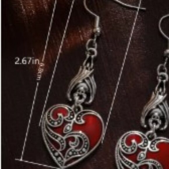Gothic Heart Dangle Earrings Synthetic Red Glass, Silver-Plated Zinc Alloy, Stai - Picture 3 of 9